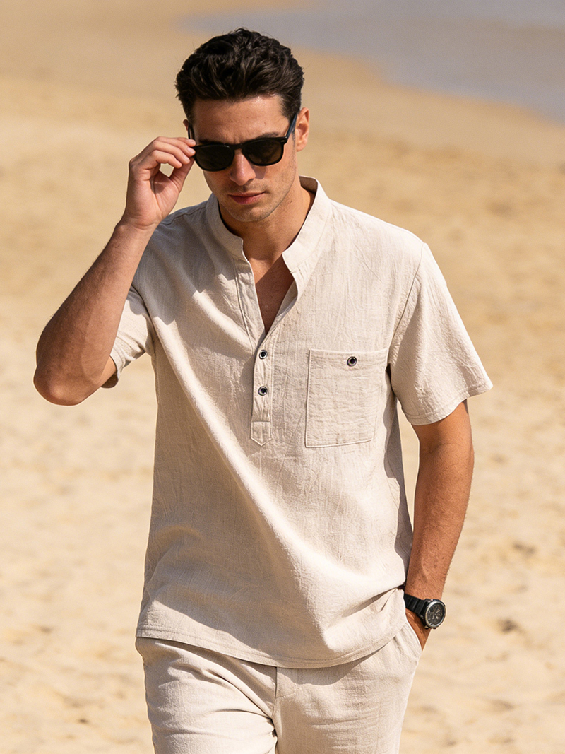 Men's Cotton Linen Henley Shir - مراجعة Linen Shirt Breathable وسعره