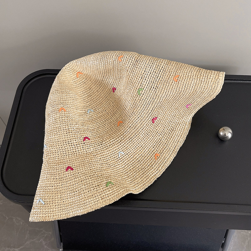 Women Embroidery Heart Raffia  - مراجعة Bucket Hat Straw وسعره