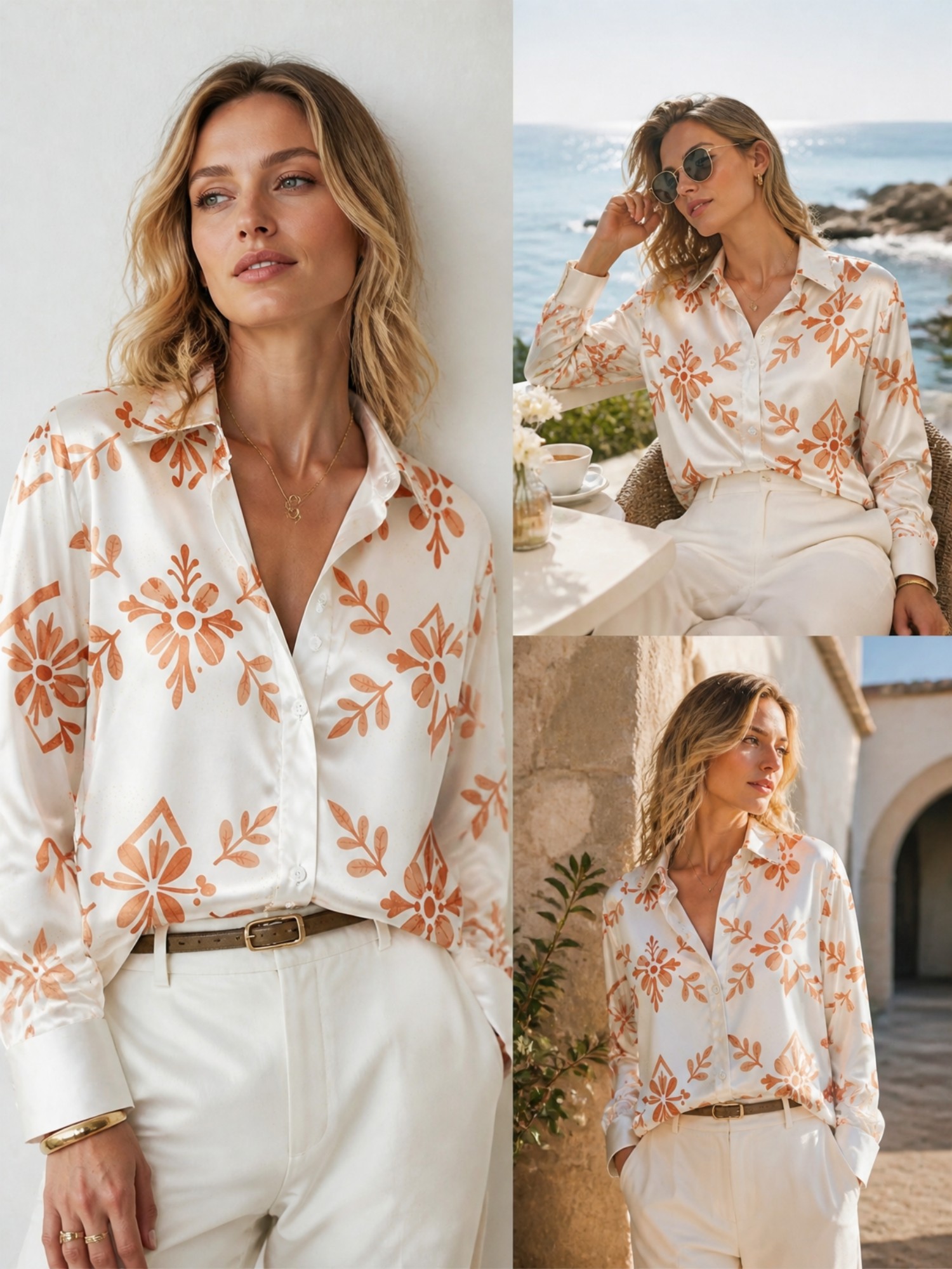 Cream Orange Floral Satin Blou - مراجعة Resort Shirt Floral وسعره