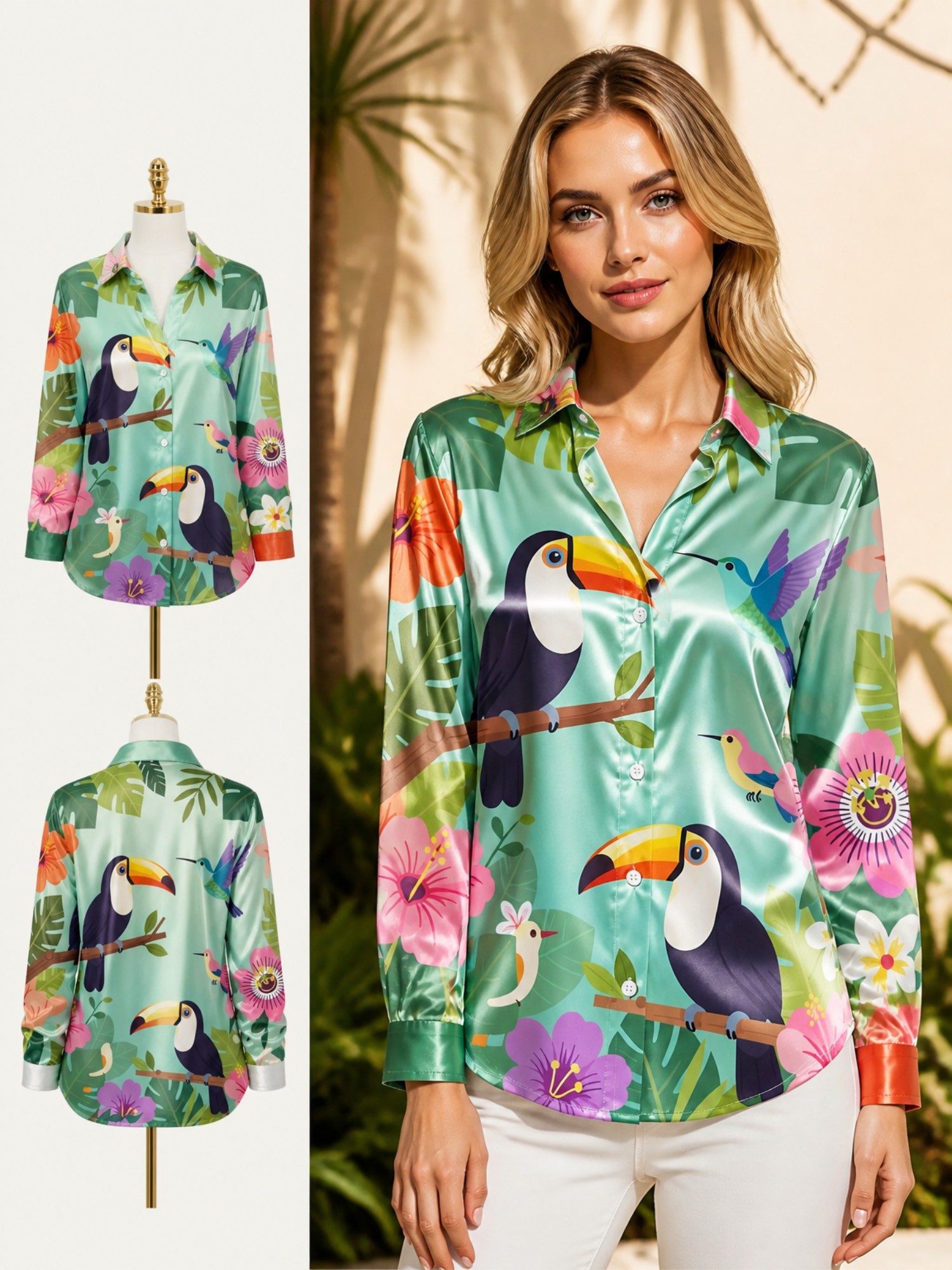 Mint Toucan Satin Button Shirt - مراجعة Resort Shirt Floral وسعره