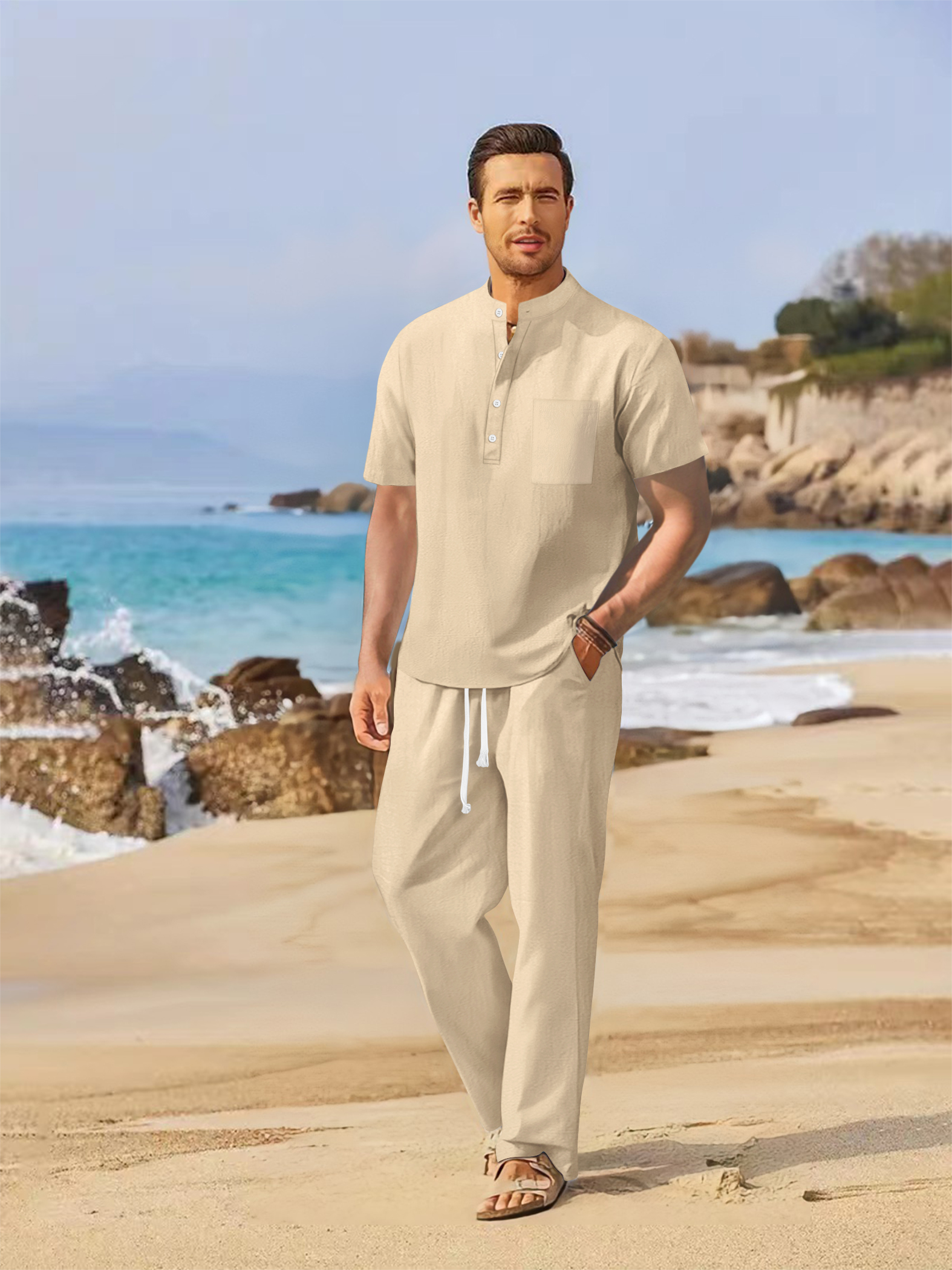 Summer men's cotton and linen  - مراجعة Short Linen Drawstring وسعره