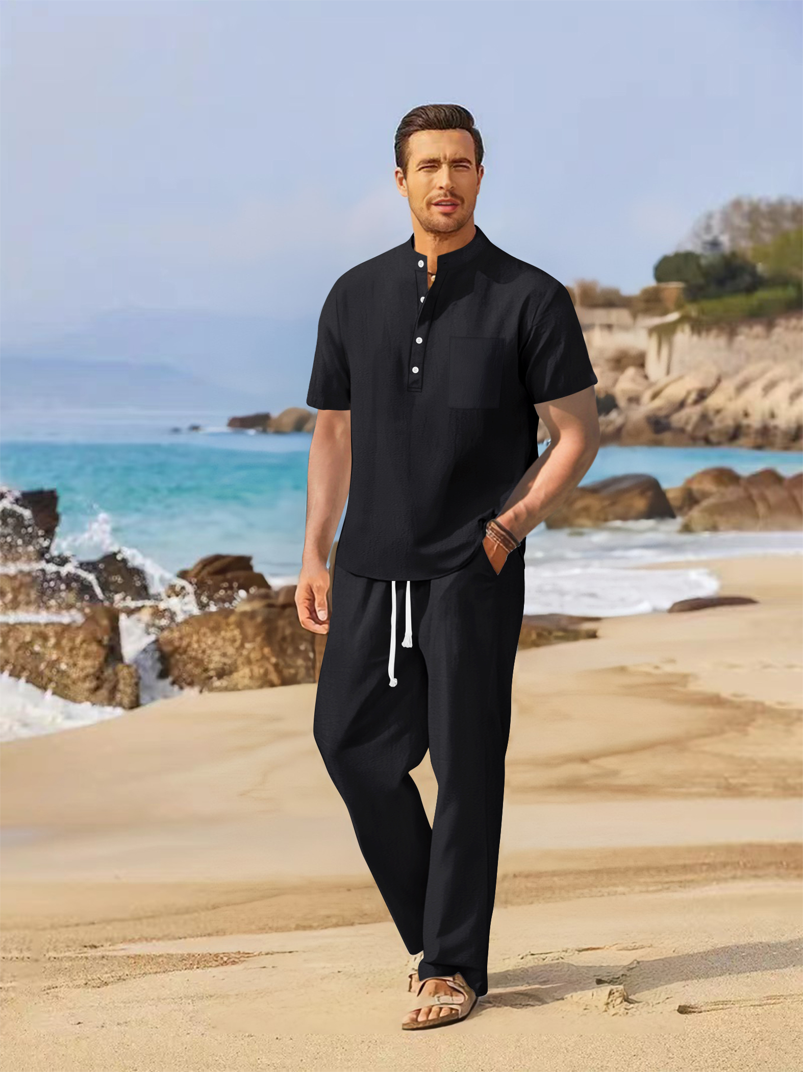 Summer men's cotton and linen  - مراجعة Short Linen Drawstring وسعره