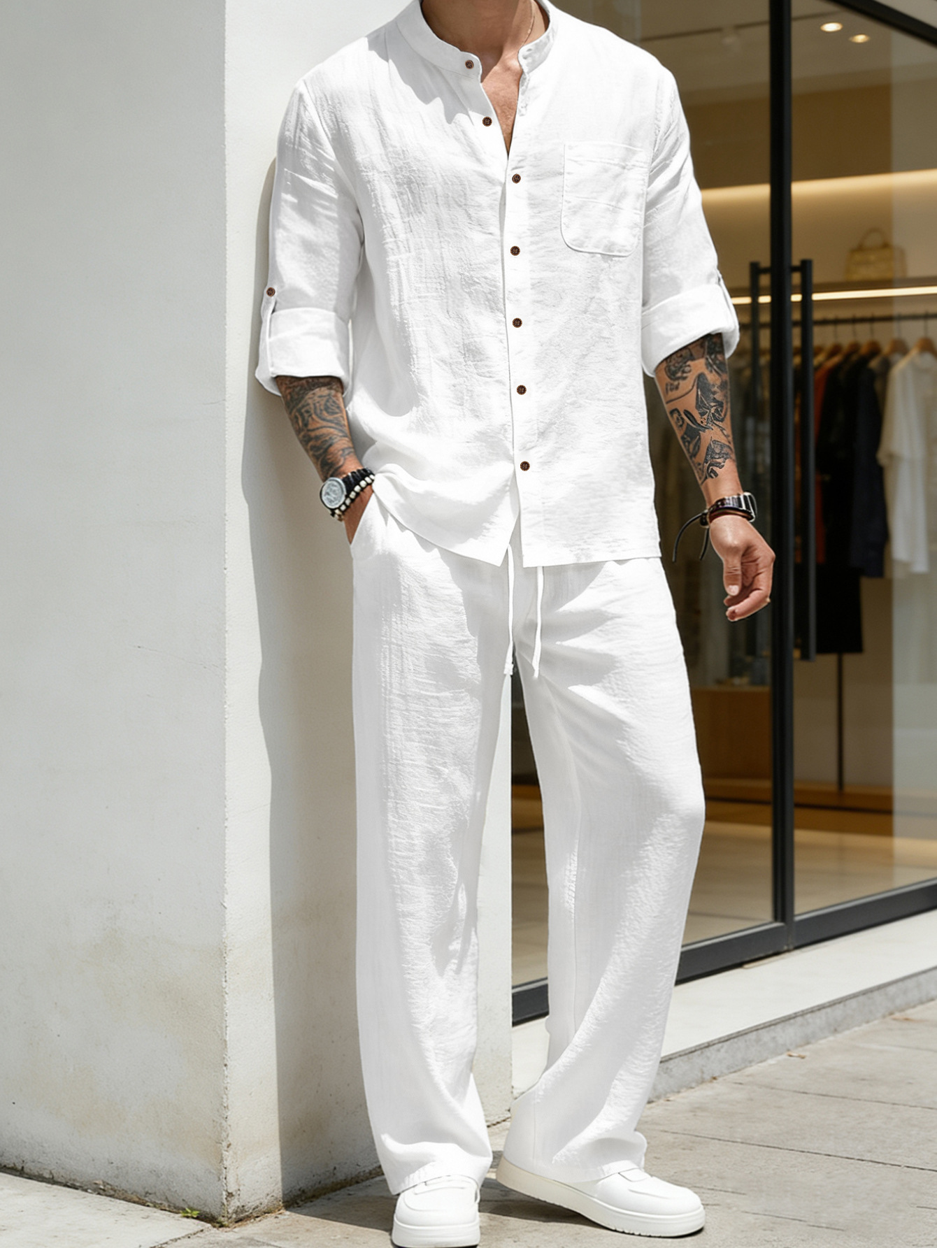 Suit Loose Linen Long Sleeve S - مراجعة Linen Shirt Breathable وسعره