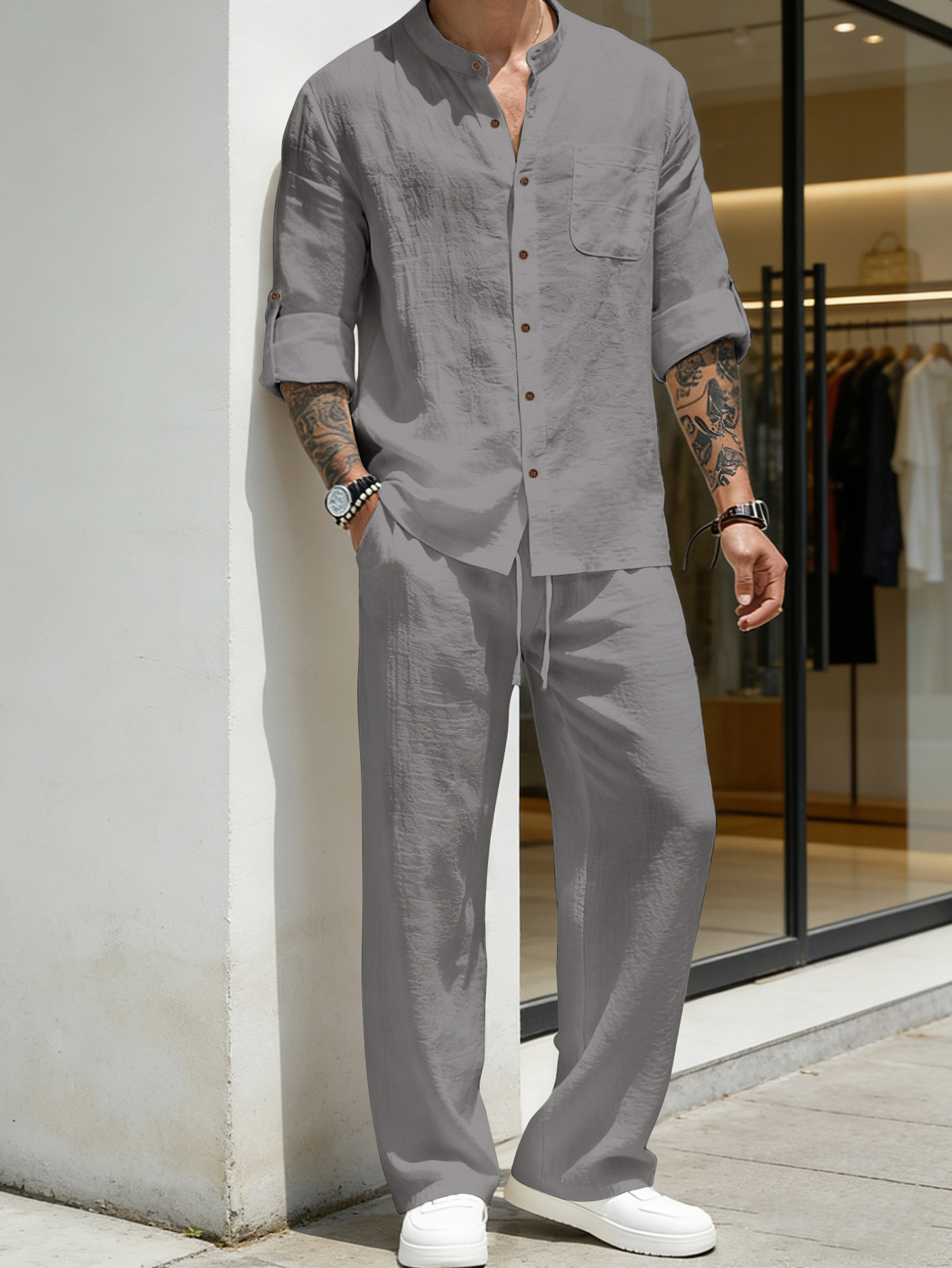 Suit Loose Linen Long Sleeve S - مراجعة Linen Shirt Breathable وسعره