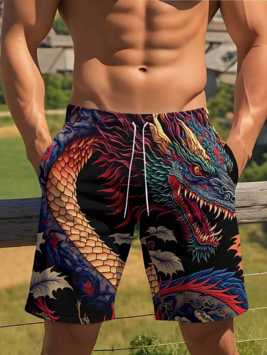 Mens Dragon Print Drawstring W - مراجعة Swim Trunk Quick Dry وسعره