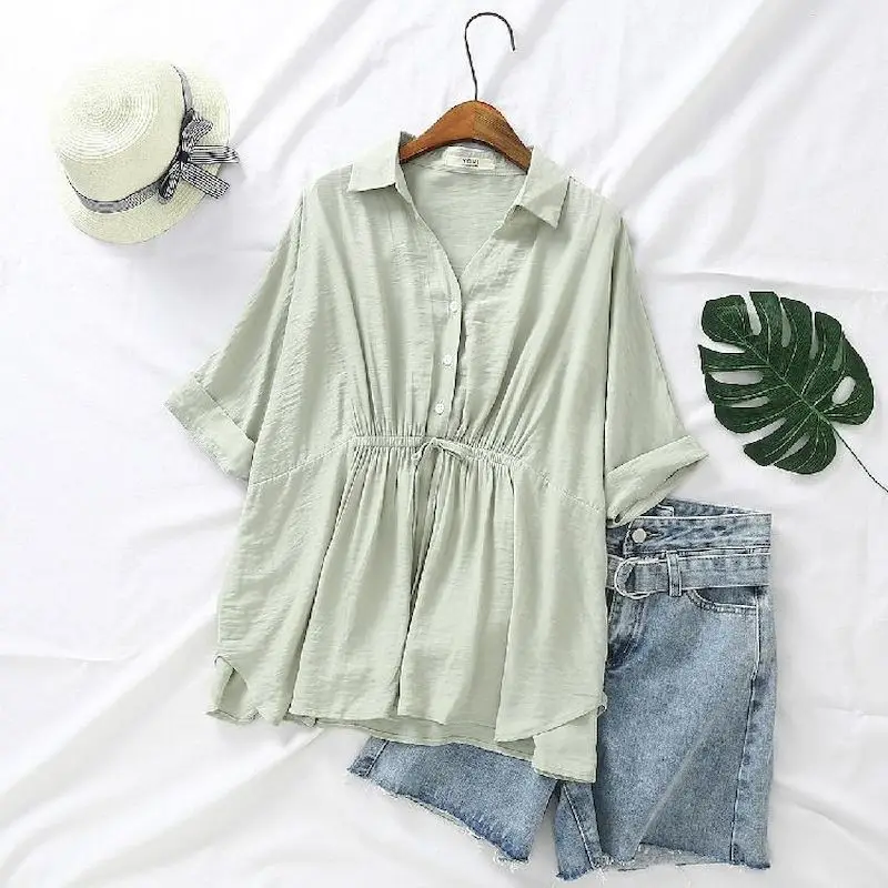 Korean Loose Blouses Women Fas - مراجعة Short Linen Drawstring وسعره
