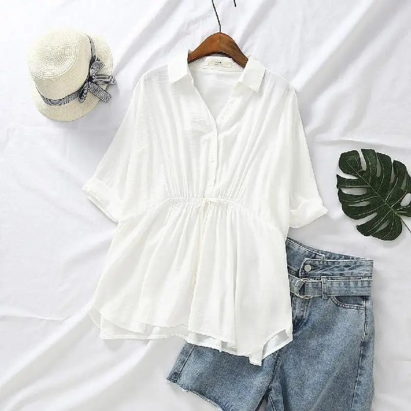 Korean Loose Blouses Women Fas - مراجعة Short Linen Drawstring وسعره